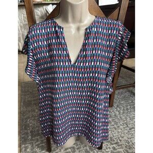 GAP Blouse Womens M Pullover V-Neck Ruffle Cap Sleeve Blue Red Pink Shirt